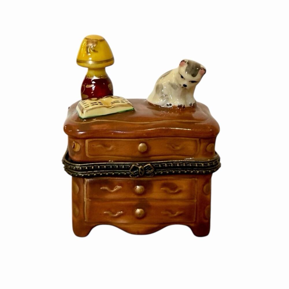Vintage Porcelain Hinged Trinket Box Miniature Dresser Nightstand Cat Lamp Book